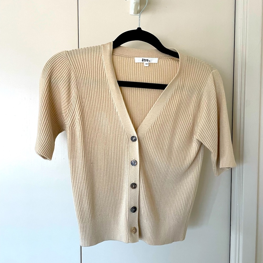 être-la Tan Ribbed Short Sleeve Cardigan Button Front Knit Top S
